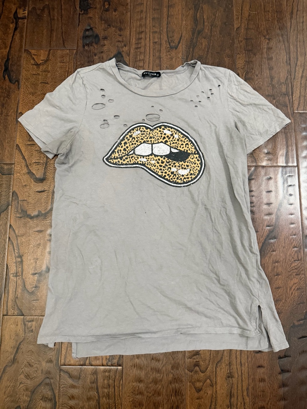 Zutter Distressed Gray Leopard Print Biting Lips Graphic Tee